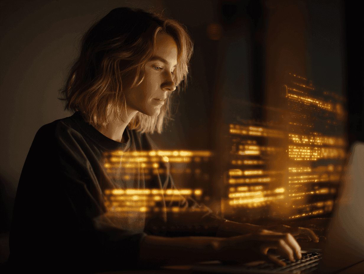 Designer typing structured prompts on laptop, AI chat interface glowing softly, creative studio lighting, warm and professional atmosphere