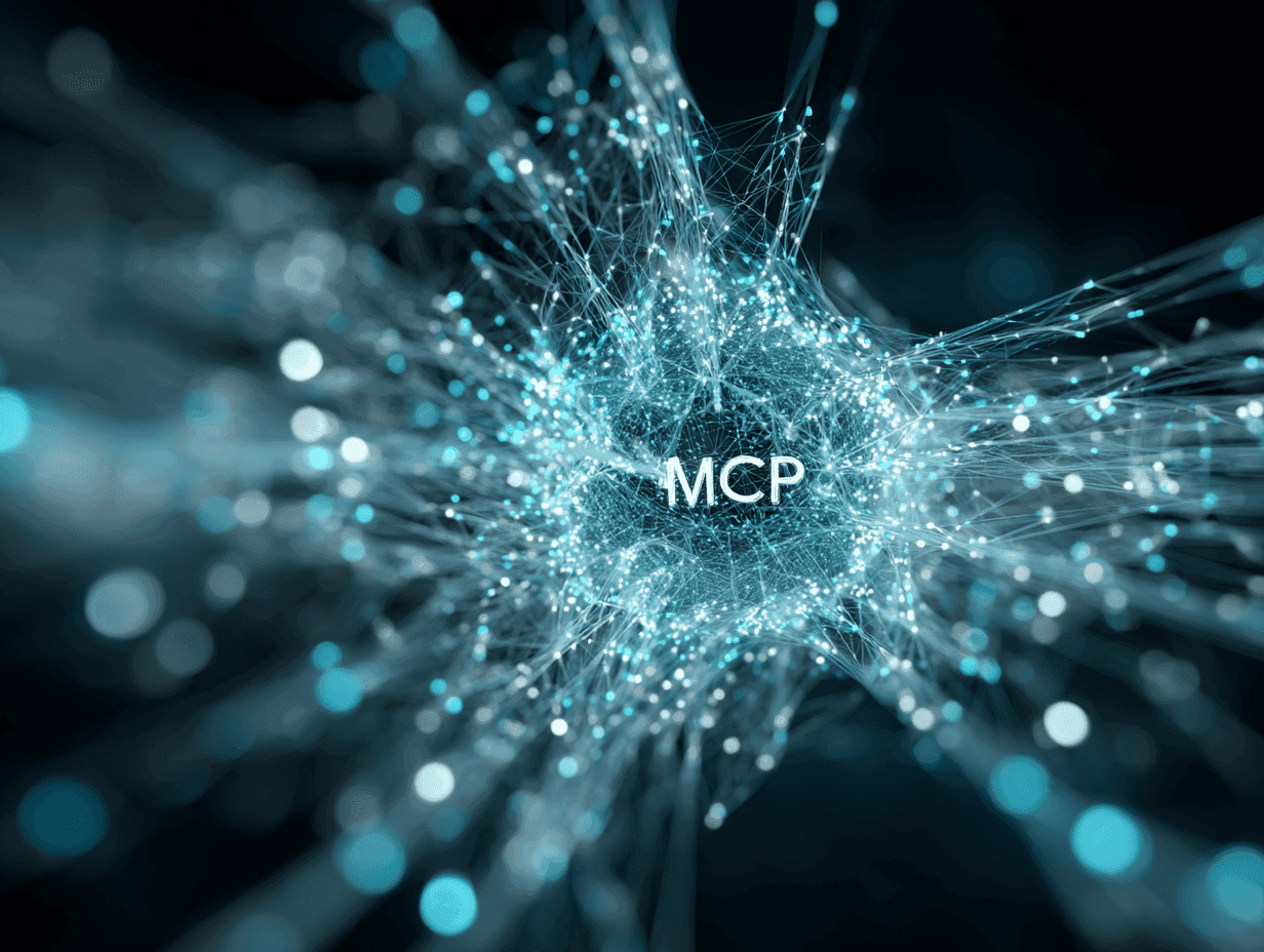 A minimalist, high-tech illustration showing interconnected glowing nodes and data streams converging into a central hub labeled “MCP.” The design symbolizes connectivity, intelligence, and interoperability between AI systems and business tools.