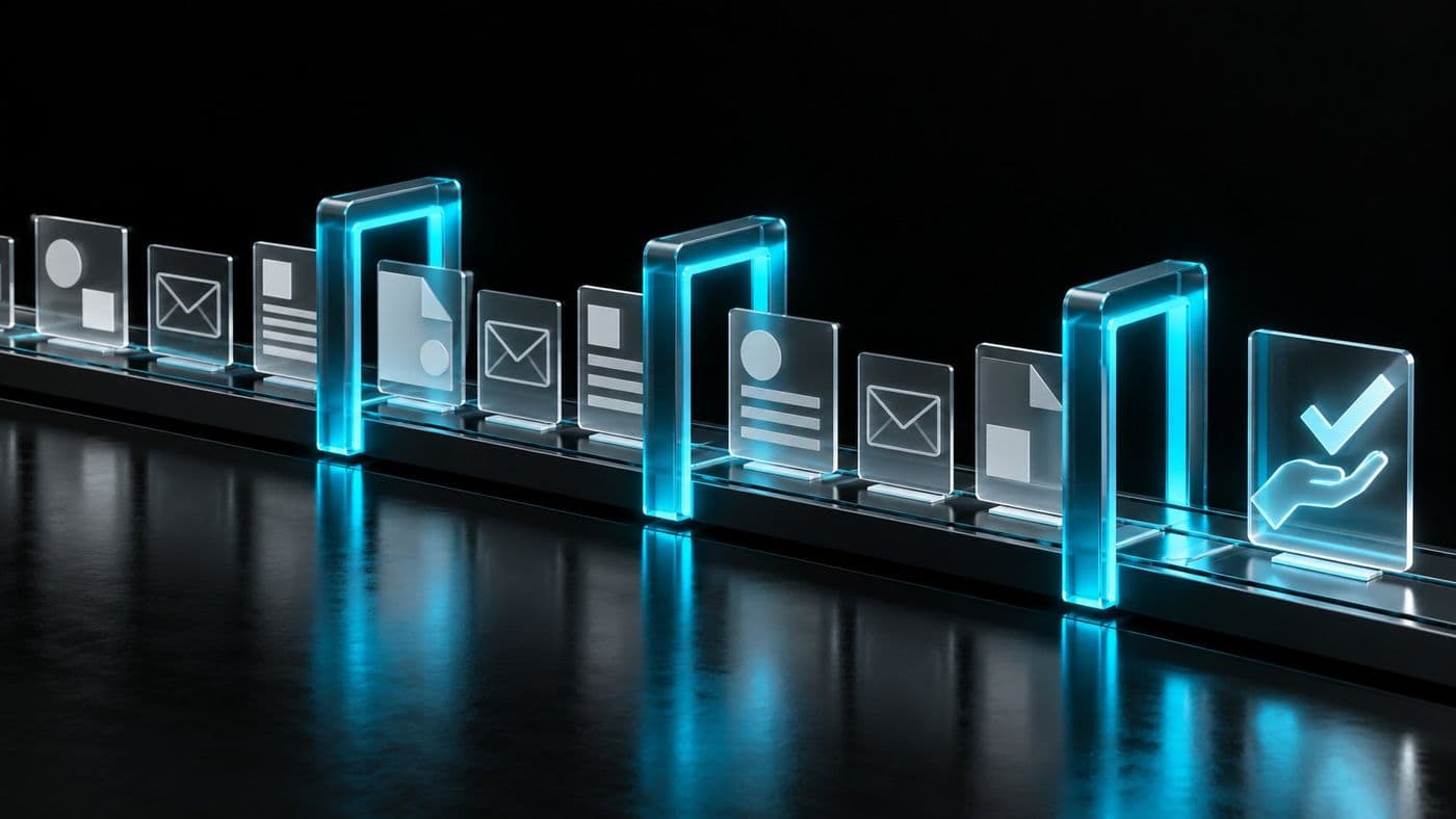 Automatisierter Workflow: Dokumente laufen durch Prüfschritte bis zur menschlichen Freigabe