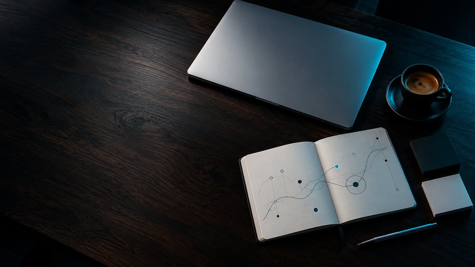 Notizbuch mit KI-Roadmap, Laptop und Espresso auf einem Besprechungstisch