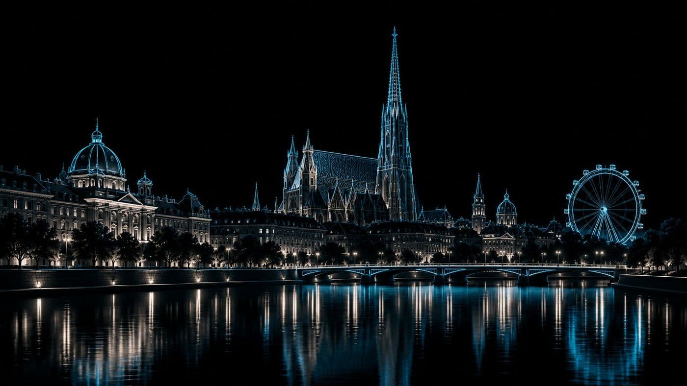 Illustration der Wiener Skyline mit Stephansdom und Riesenrad bei Nacht
