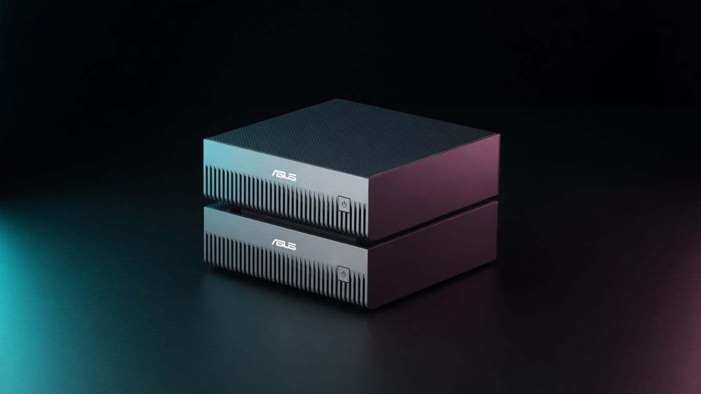 Zwei ASUS Ascent GX10 in dunklem Studio mit cyan und magenta Licht
