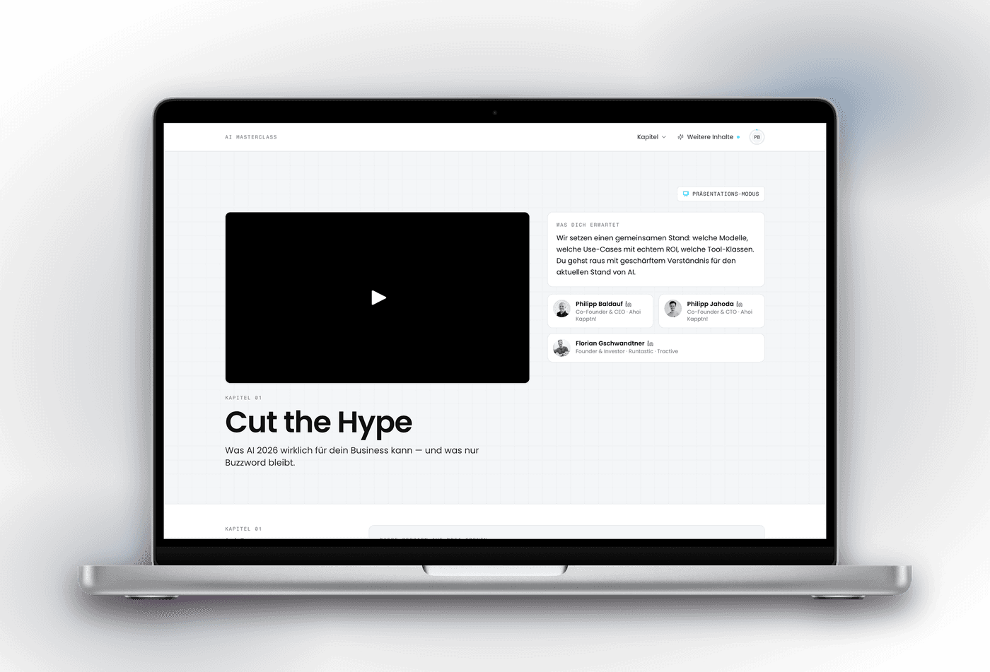 Kapitel 1 der AI Masterclass im Kursbereich auf einem MacBook Pro: Videoplayer, die Trainer und die Beschreibung, worum es in der Session geht