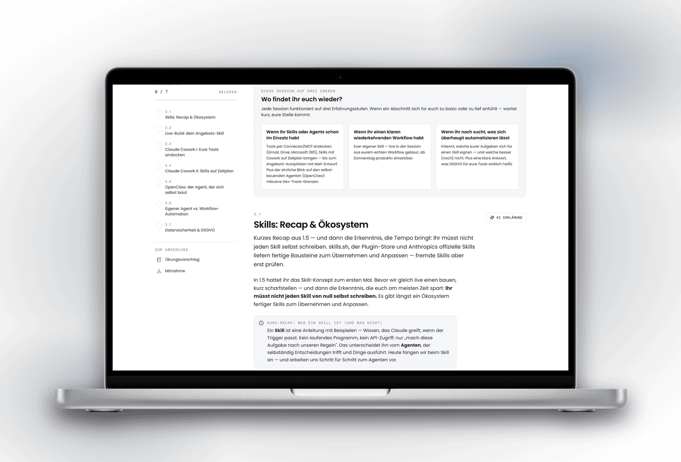 Lesefassung eines Unterkapitels der AI Masterclass: Seitenleiste mit allen Unterkapiteln und Fortschritt, dazu Erklärtexte und eine Vergleichstabelle