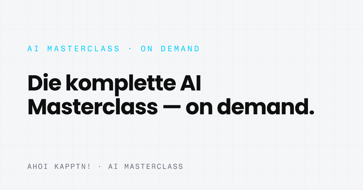Titelbild der AI Masterclass mit dem Schriftzug „Die komplette AI Masterclass, on demand“