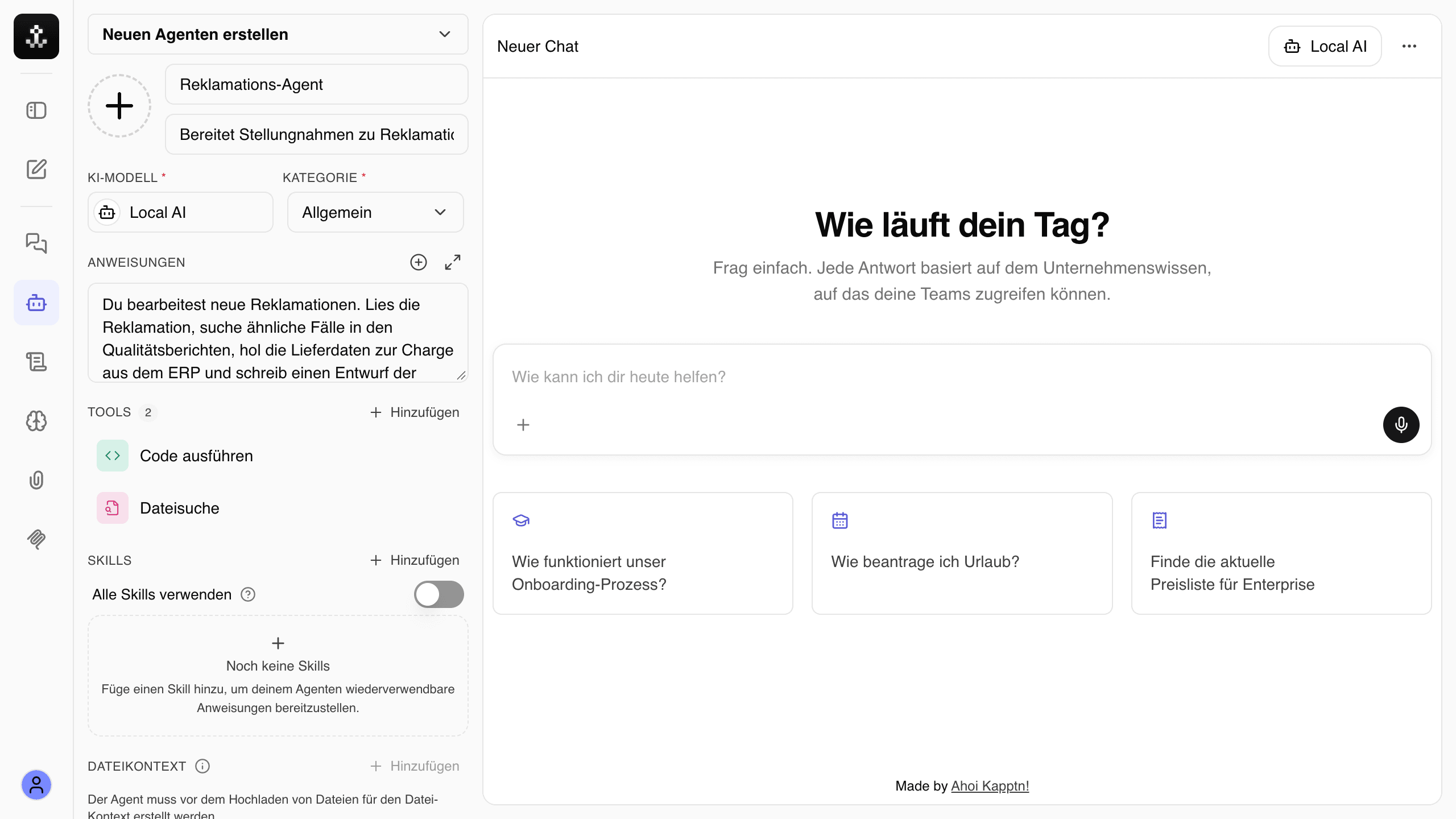 The agent editor in Local AI: a complaints agent with name, description, instructions and the tools Run code and File search.