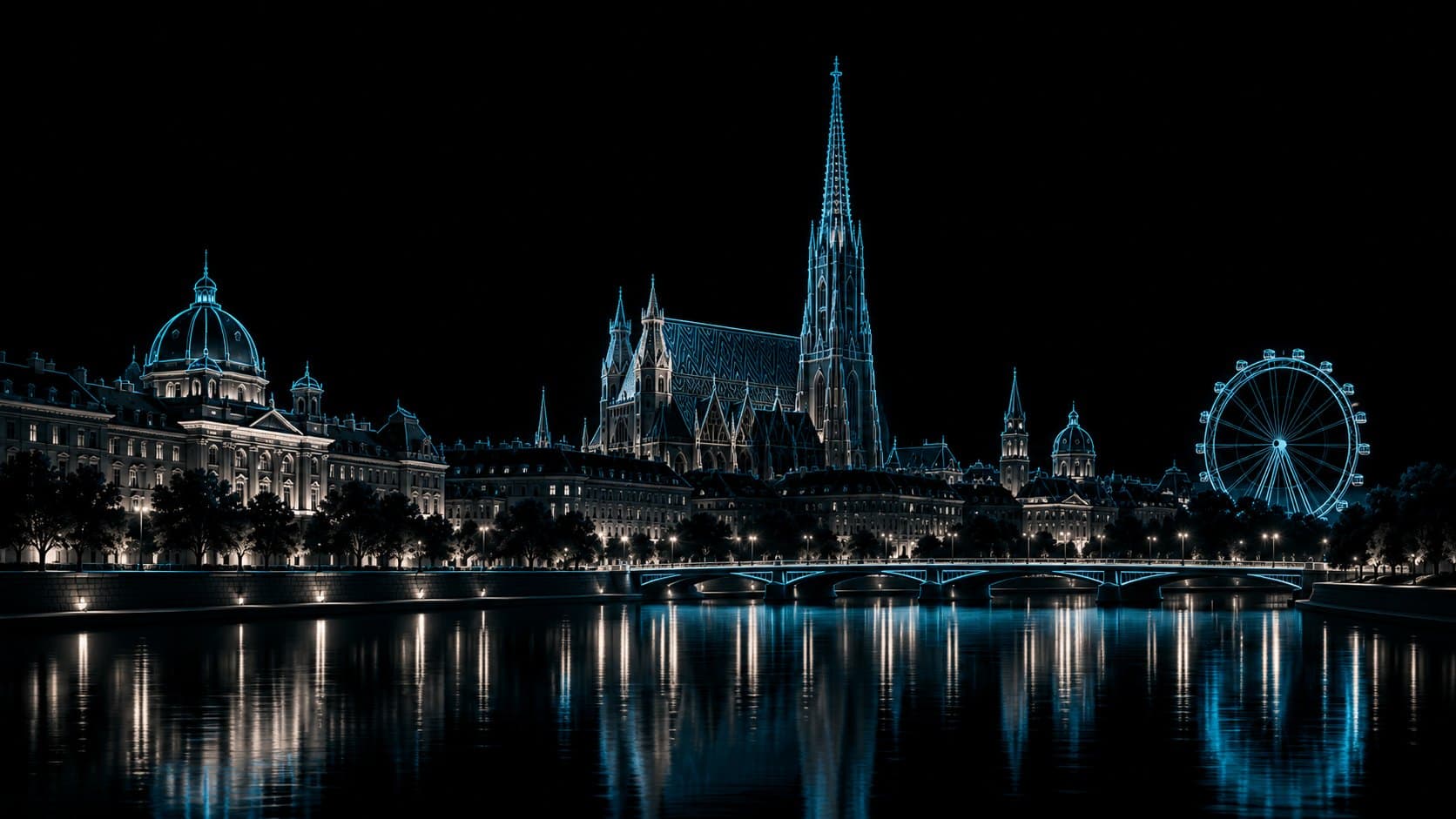 Illustration der Wiener Skyline mit Stephansdom und Riesenrad bei Nacht