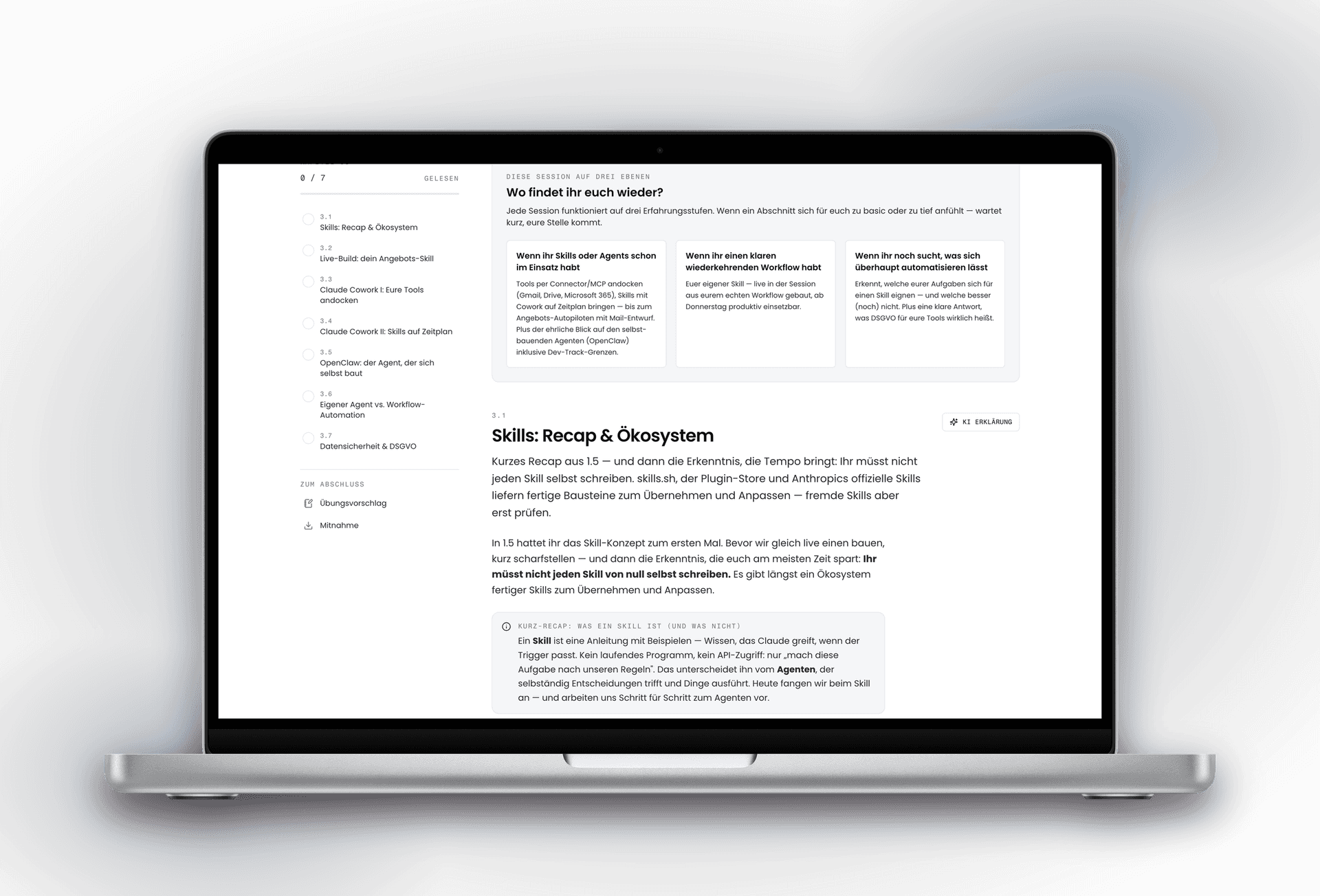 Lesefassung eines Unterkapitels der AI Masterclass: Seitenleiste mit allen Unterkapiteln und Fortschritt, dazu Erklärtexte und eine Vergleichstabelle