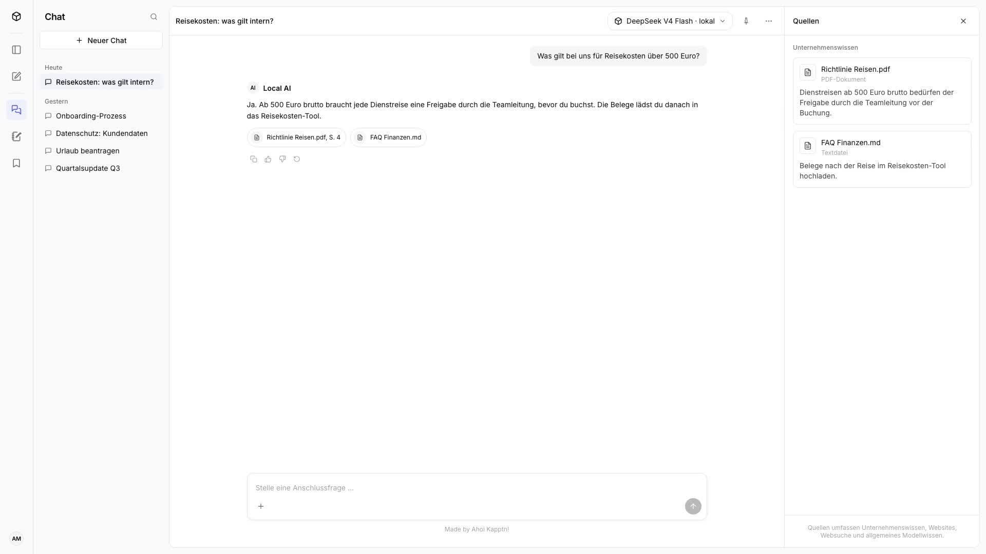 Local AI mit Antwort und Quellen aus dem Unternehmenswissen